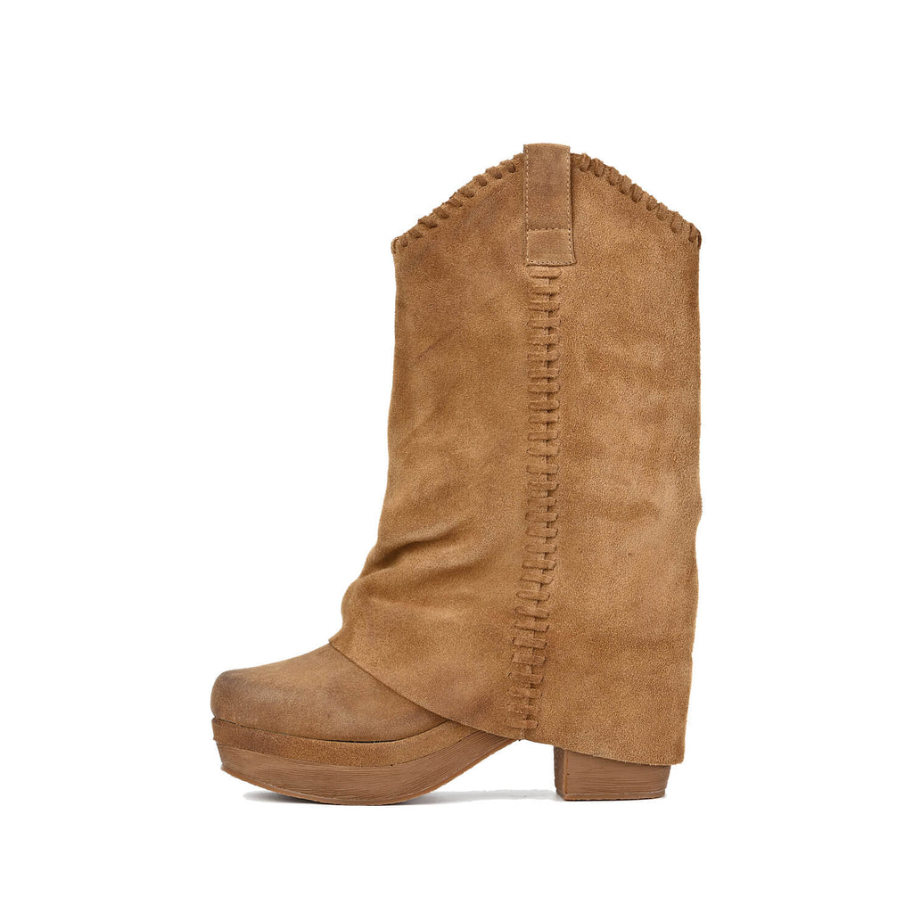 Fold Over Boots Mid Calf Suede Platform - Taupe - View 9 | R39 Talia