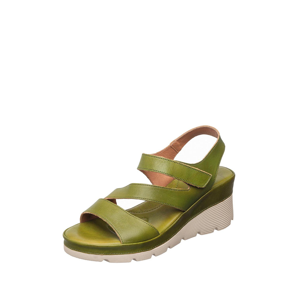 Womens Green Leather Wedge Sandals Ankle Strap Comfort Style - Olive - View 2 | S72 Jaycee