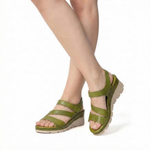 Womens Green Leather Wedge Sandals Ankle Strap Comfort Style - Tan - Thumbnail 12 | S72 Jaycee

