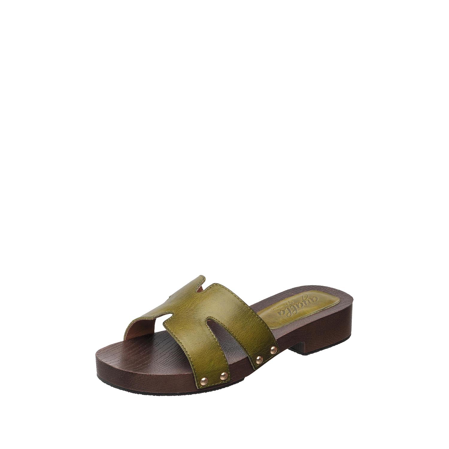 Antelope S90 Alex H-Strap Slide Sandal - Comfortable Sandals for Women | Sculptured Wooden Heel | Olive Leather