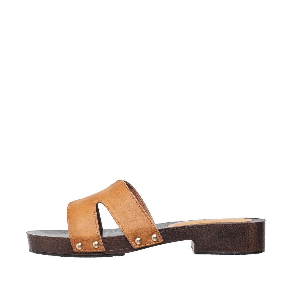 Womens Leather H Strap Slide Sandals Wooden Heel Comfort - Tan - View 7 | S90 Alex