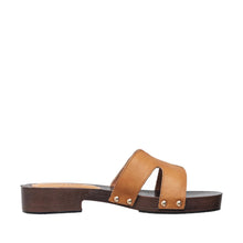 Womens Leather H Strap Slide Sandals Wooden Heel Comfort - Tan - Thumbnail 8 | S90 Alex
