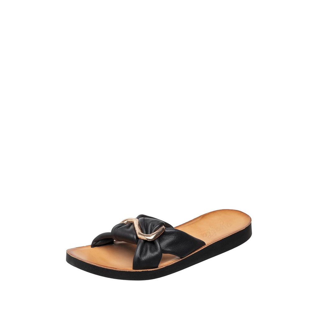 Womens Leather Bow Slide Sandals Flat Comfort Style - Black - View 2 | T20 Ashley