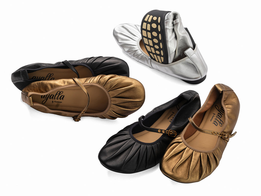 Antelope T30 Mila ruched leather Mary Jane flats shown in black, bronze and silver
