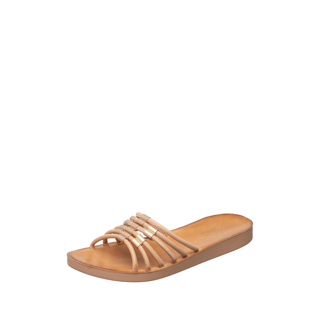 Womens Strappy Slide Sandals Leather Comfort Casual - Tan - View 2 | T44 Frida