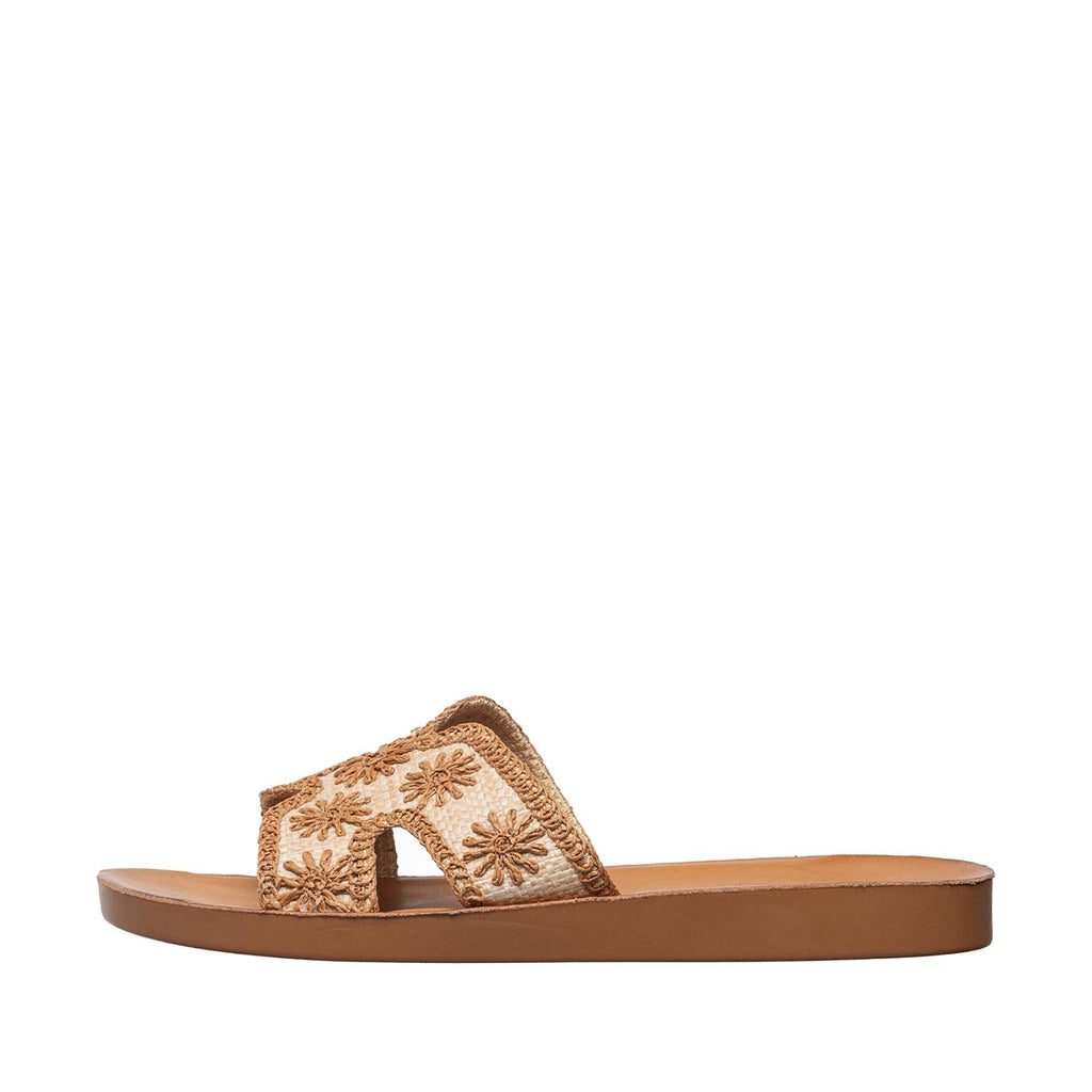 Womens Embroidered Slide Sandals Flat Comfort Summer Style - Tan - View 2 | T46 Alex