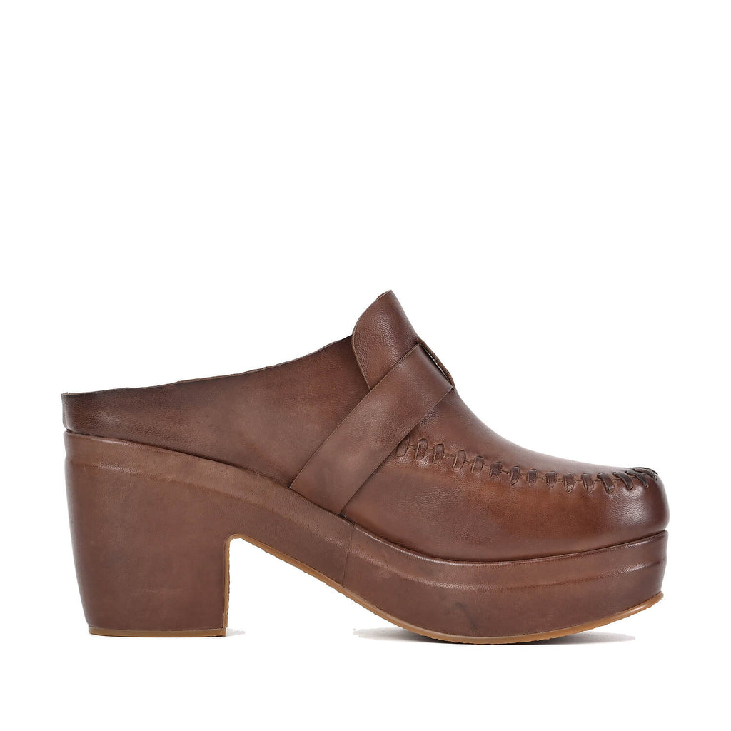 Leather Clog Mules Stitched Loafer Upper Platform - Coffee - View 3 | U07 Jada