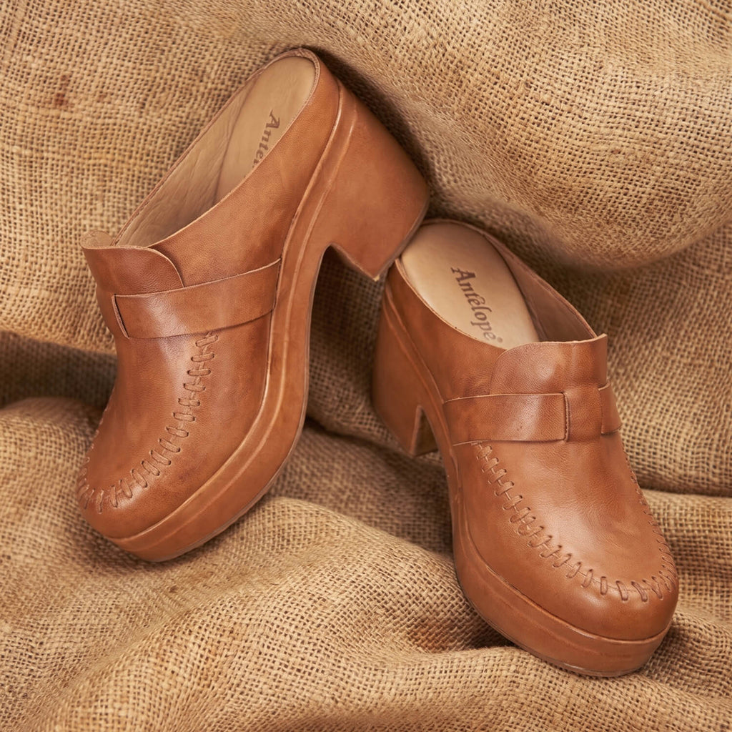 Leather Clog Mules Stitched Loafer Upper Platform - Coffee - View 7 | U07 Jada