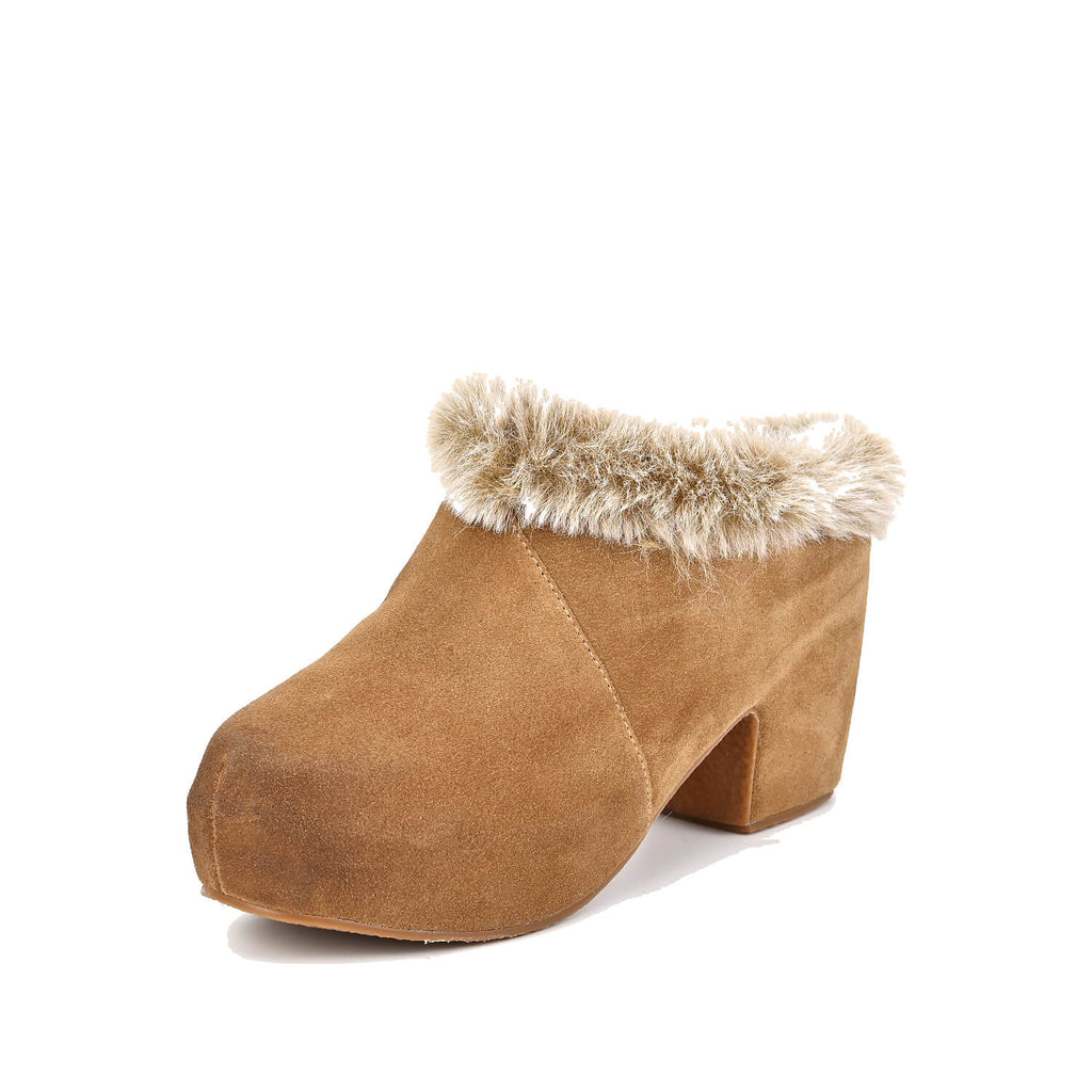 Fur Lined Clogs Suede Platform Fur Collar - Taupe - View 2 | U17 June