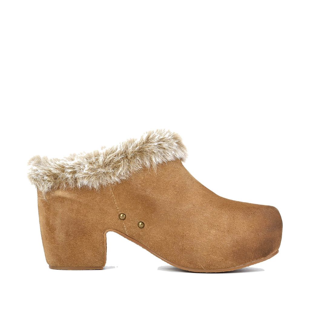 Fur Lined Clogs Suede Platform Fur Collar - Taupe - View 3 | U17 June