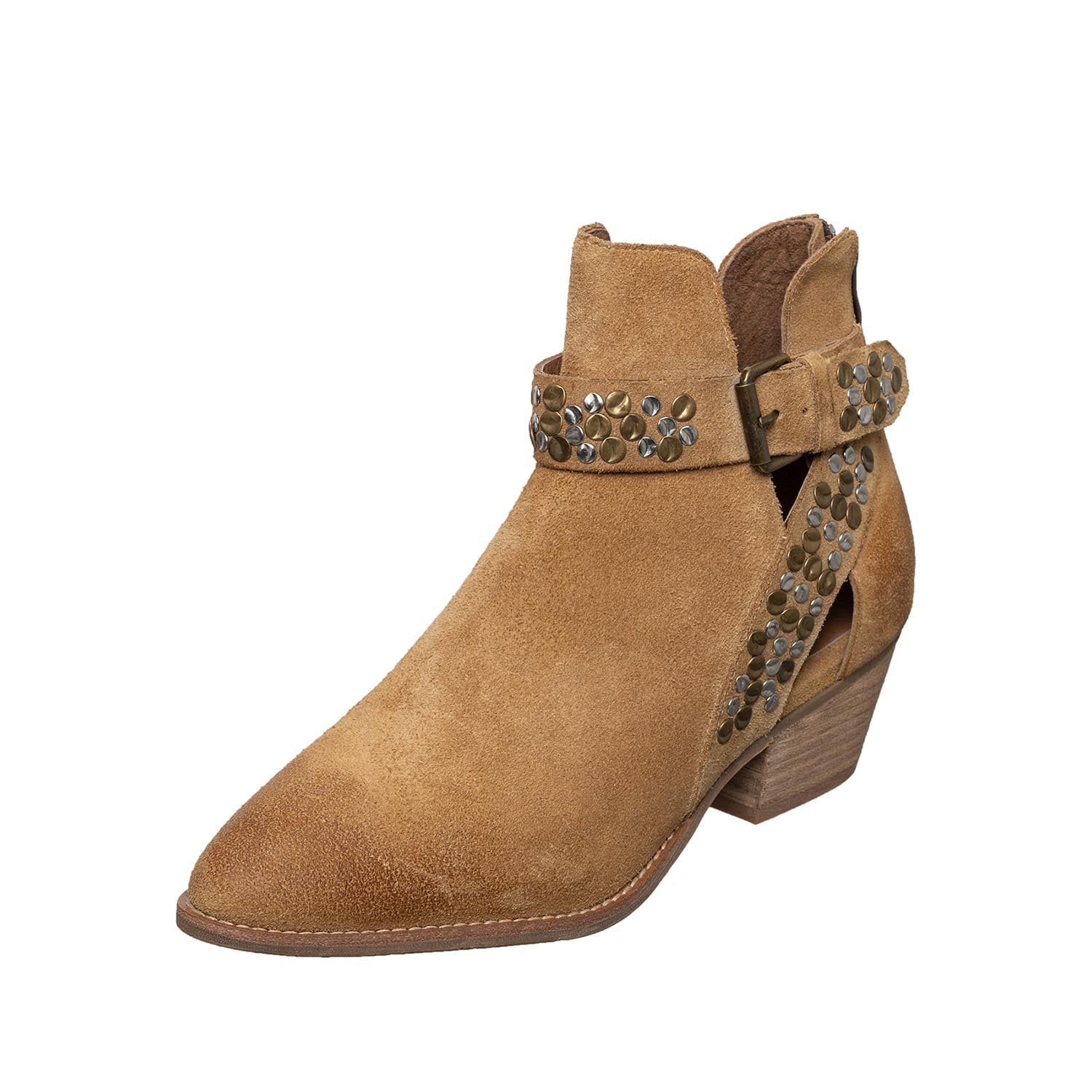 Antelope M33 Meli suede ankle boots in taupe with studded harness strap and cutout quarters